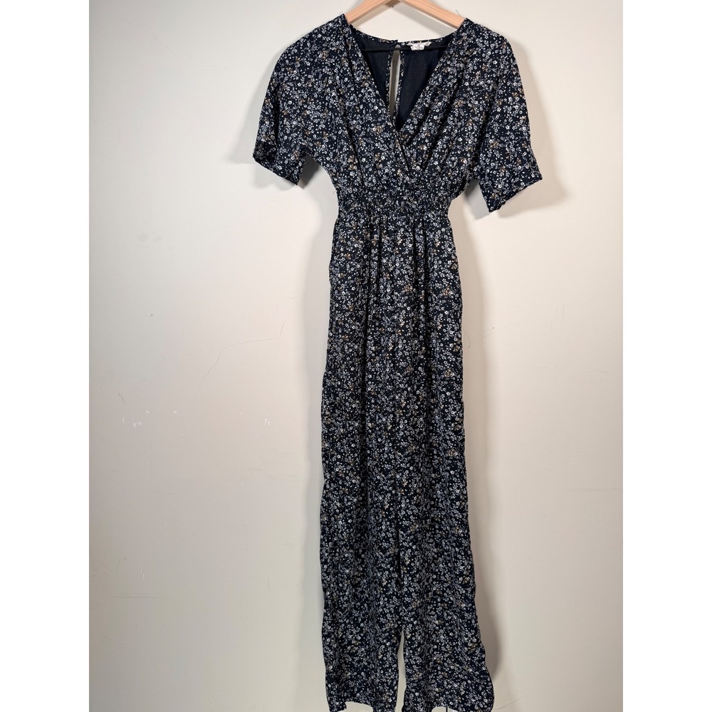 Japna Womens‎ Black Floral Wide Leg Jumpsuit Smocked Waist V-Neck Small